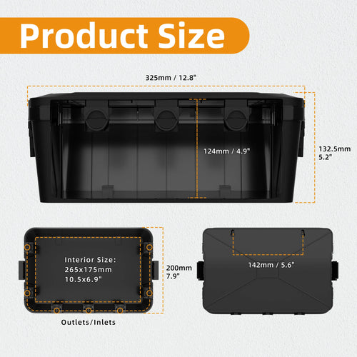 320x212x132mm Heavy Duty Plastic Power Box Waterproof Electrical Enclosure Black Cable Case for Extension Cord Outdoor Use