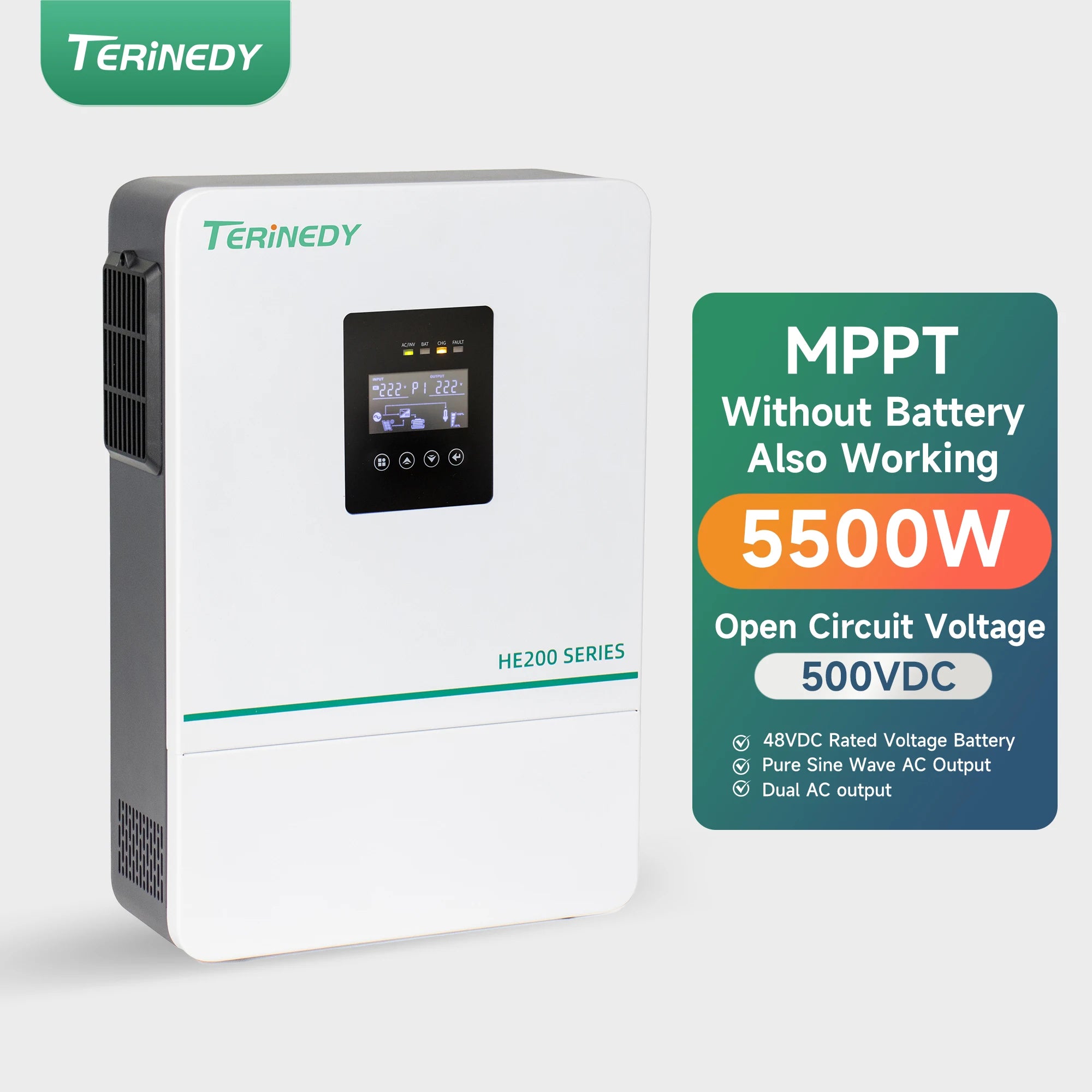 Terinrdy HE200-7200-F Domestic Energy System Single Hybrid DC/AC Inverter 6.2kW 48VDC Single Phase 220V 99.9% Efficiency 50/60Hz