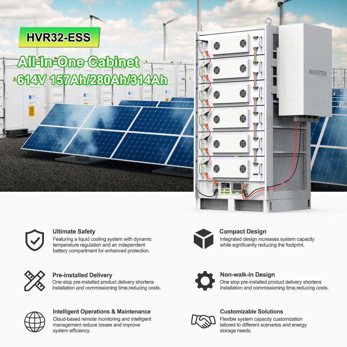 Solar Battery Home Factory System 614V 60KWH 96KWH 172KWH 192KWH High Voltage Rechargeable LiFePO4 Battery Cabinet CATL BYD Cell
