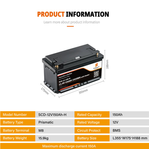 12V 150Ah Lithium Battery with Bluetooth & Smart BMS, Heated LiFePO4 Battery for Camper Van, Solar Storage France & Poland Stock PRIME RJ SOLAR PH