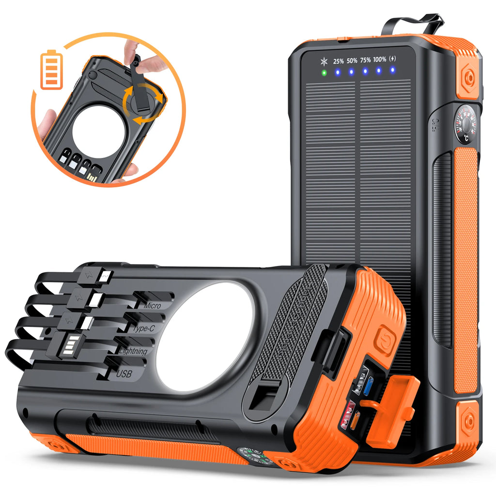 2026 Power Bank with Solar Charger 30000mah Fast Charging PD22.5W Built in Cables Compass Temperature Display PRIME RJ SOLAR PH