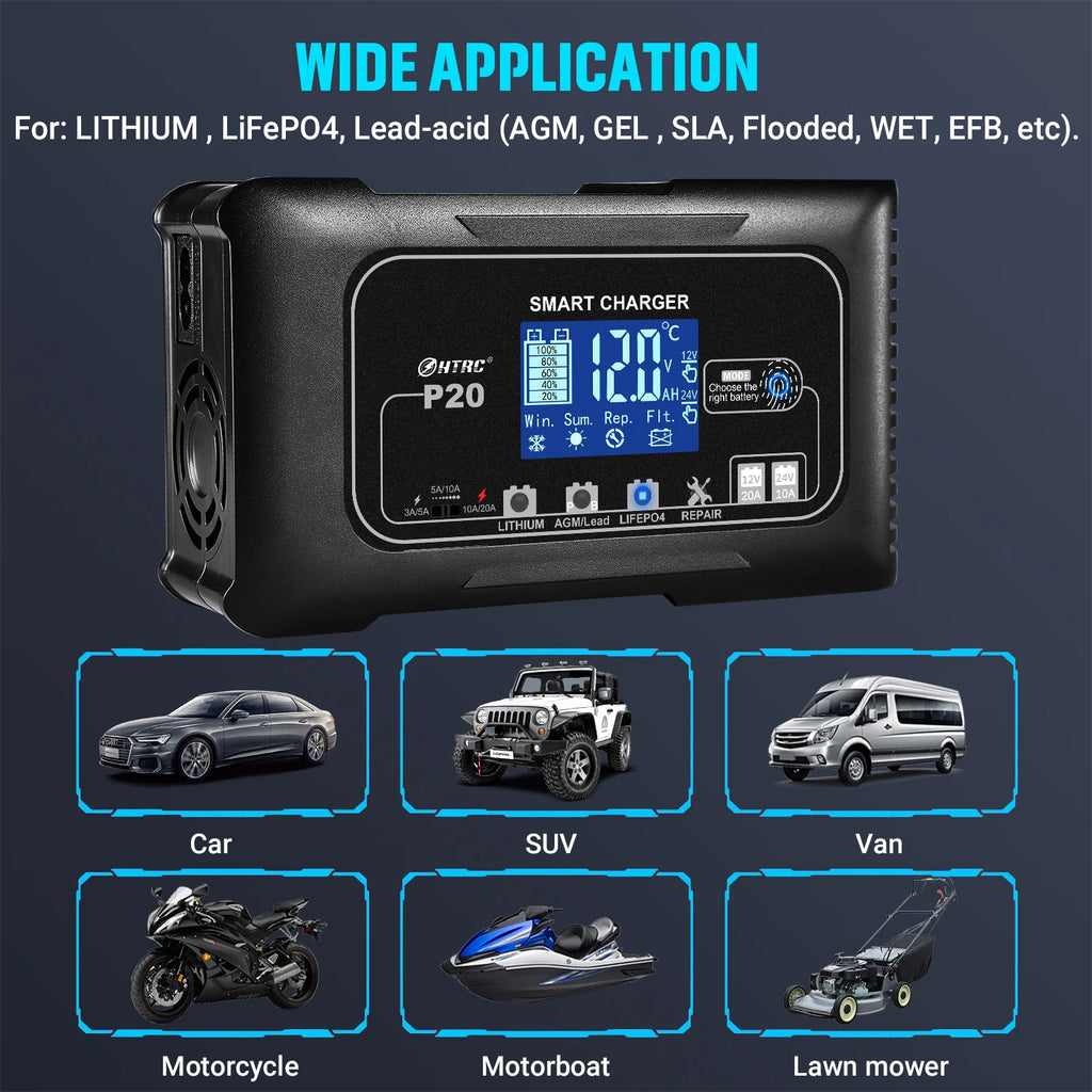 Factory 20A DC Car Battery Charger 12V20A 24V10A Repair Charger for Lithium Lead-Acid LiFePO4 Battery 240W for Electric Tool