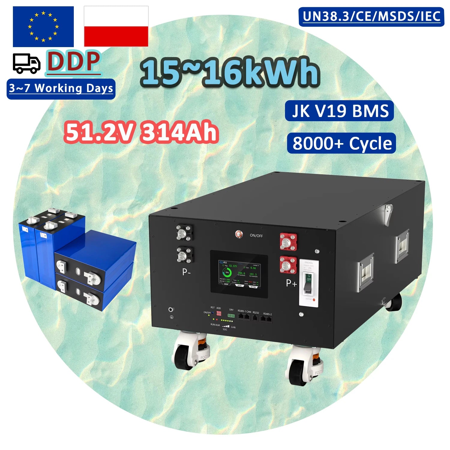 Poland 8000+ Cycles Long Life 51.2V 314Ah 16Kwh Lifepo4 Battery Pack Stackable Home Solar Energy Storage Battery PRIME RJ SOLAR PH