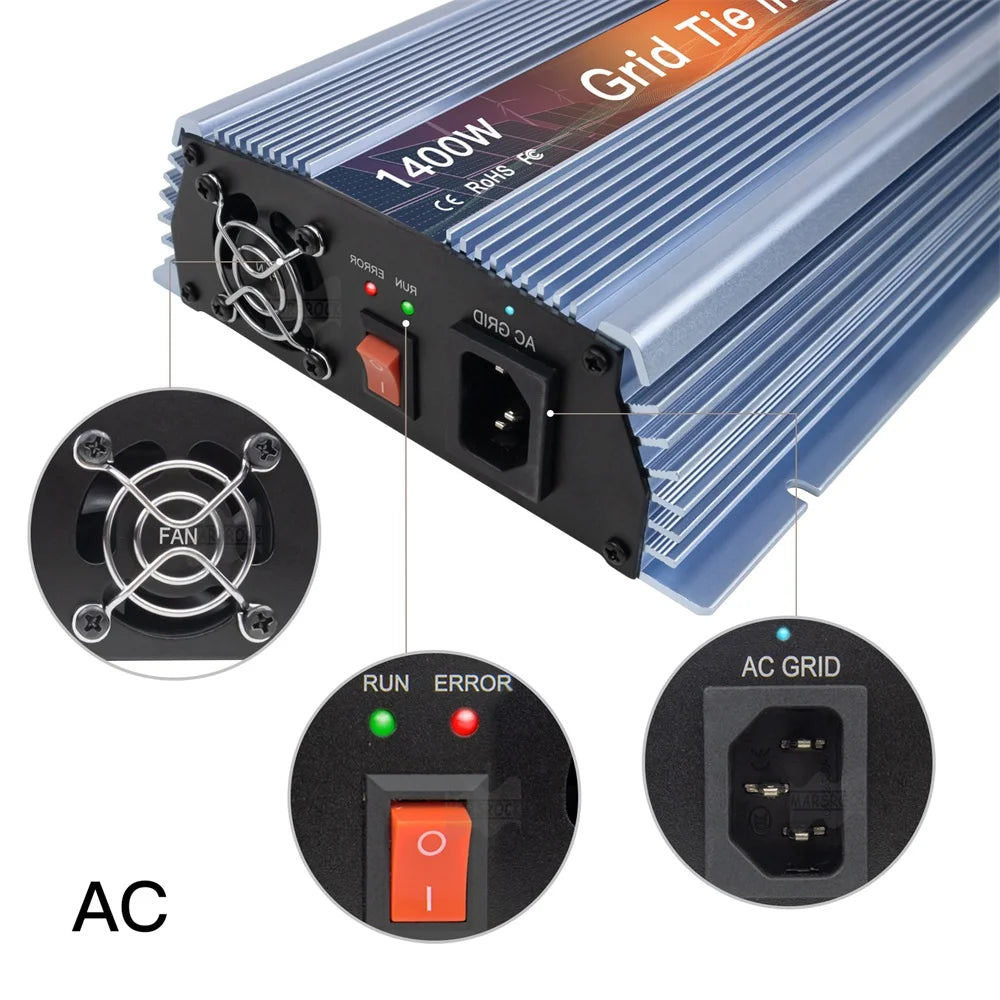 1400W On Grid Tie Inverter MPPT Solar Inverter 18V 36V DC Pure Sine Wave Converter AC 110V 220V  For 36 60 72 Cells PV PRIME RJ SOLAR PH