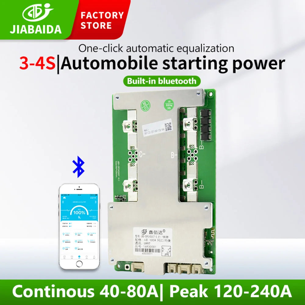Jiabaida Build-in BT 3S 4S 12V 60A 100A 120A 150A 200A Smart BMS UART Heating Series Connect