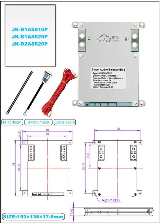 JK Smart BMS 100A 4S-8S 2A Active Balancer 200A B2A8S20P Smart Battery Management System