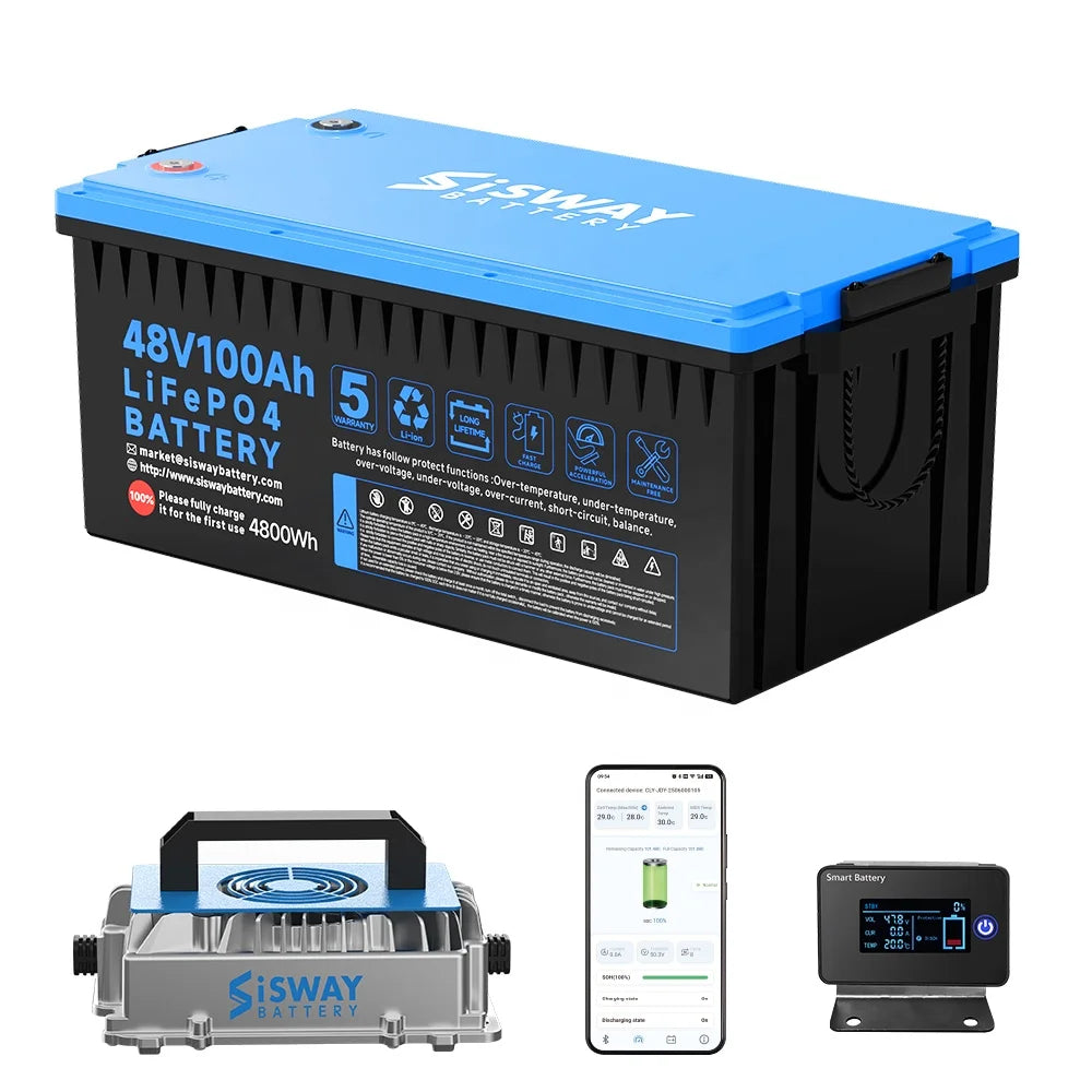 SISWAY 48V 100Ah LiFePO4 Golf Cart Battery with 48V 18A Charger, 4000+ Cycles Built-in Smart 200A BMS Compatible for Golf Cart.