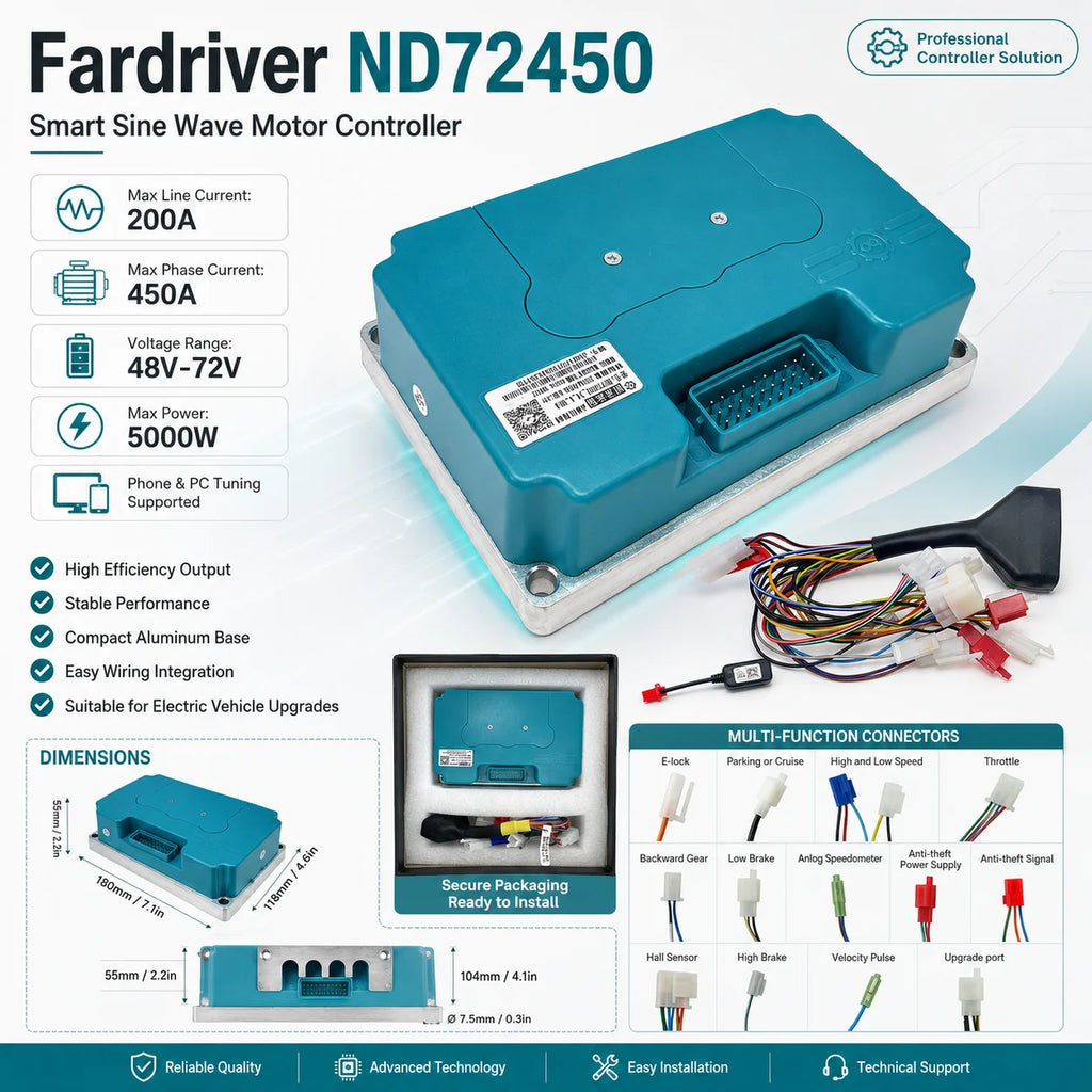 Fardriver ND72450 72V DC IP54 Protection 200A 5000W Intelligent Programmable Sine Wave Controller for Electric Motorcycles