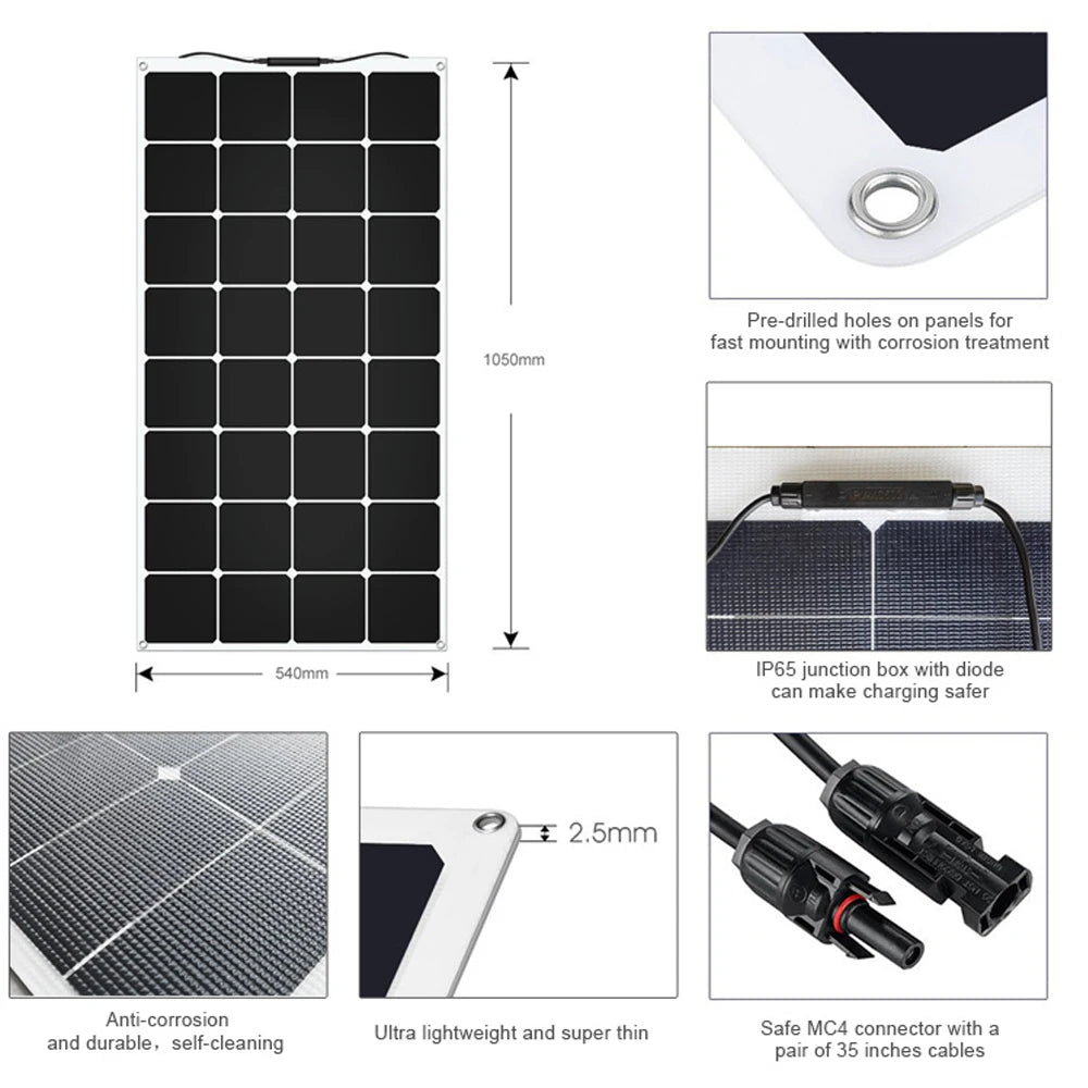 USA DDP in Stock 100w Flexible Solar Panels Lightweight Mono SunPower Solar Cells for Boat and RV