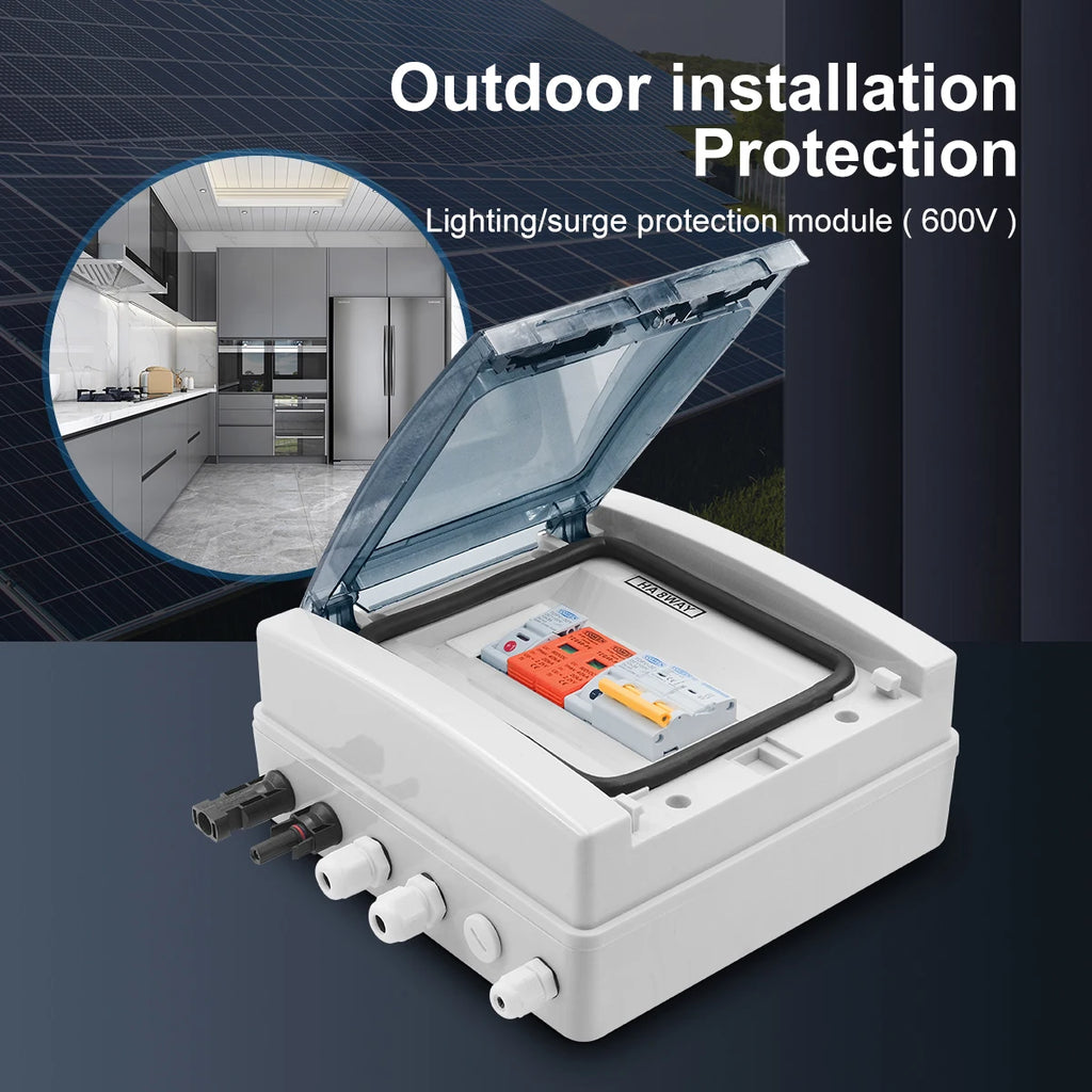 Solar Photovoltaic PV Combiner Box With Lightning Protection 1 Input 1 Out DC 600V Fuse MCB SPD Waterproof Box IP65 8ways