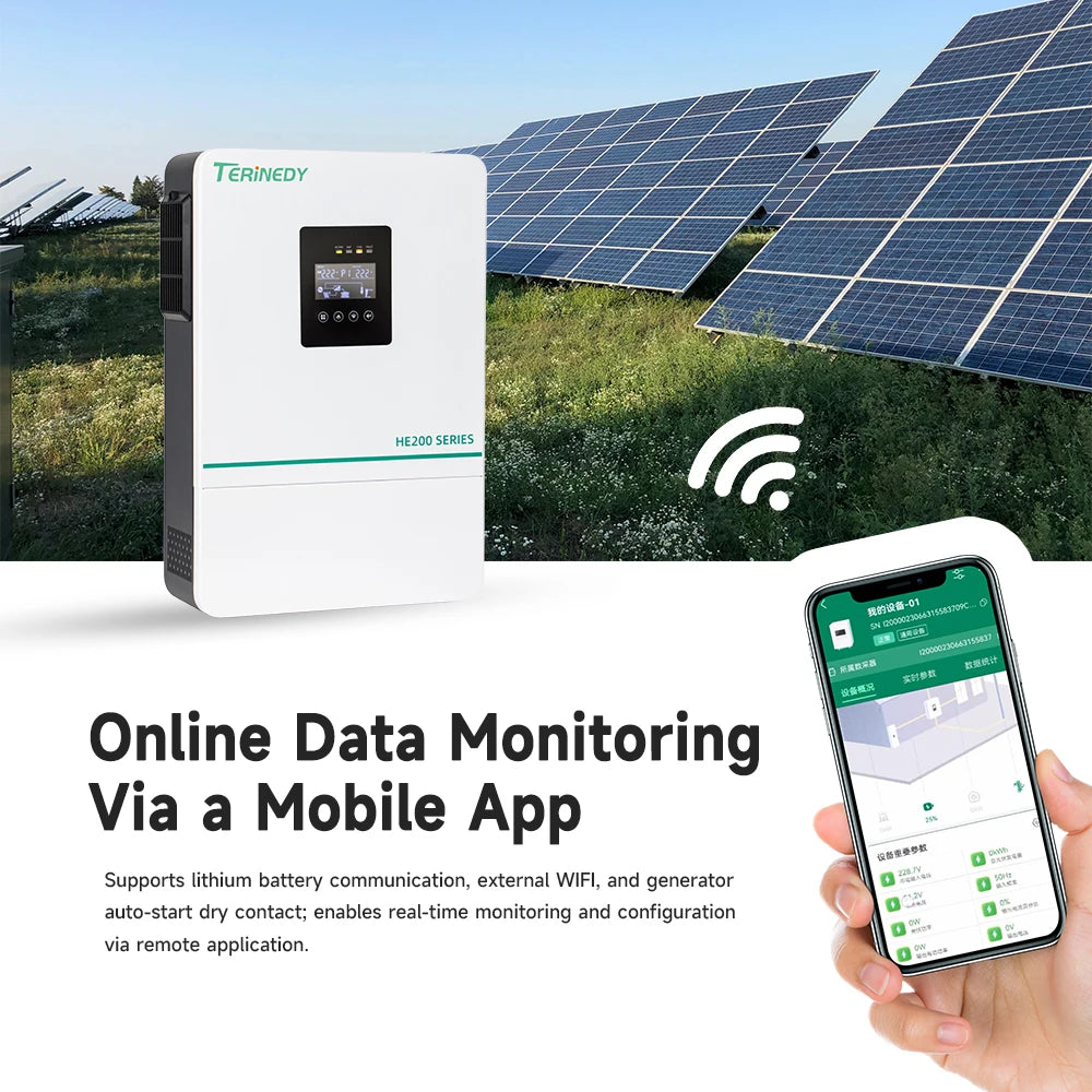 Terinedy HE200-4200 3.6KW/5.5KW Single Phase Hybrid Solar Inverter LCD Display MPPT Charge Controller 99.5% Efficiency Lead PRIME RJ SOLAR PH