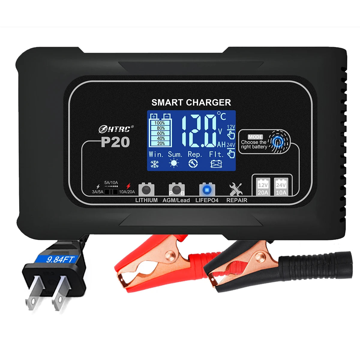 Factory 20A DC Car Battery Charger 12V20A 24V10A Repair Charger for Lithium Lead-Acid LiFePO4 Battery 240W for Electric Tool