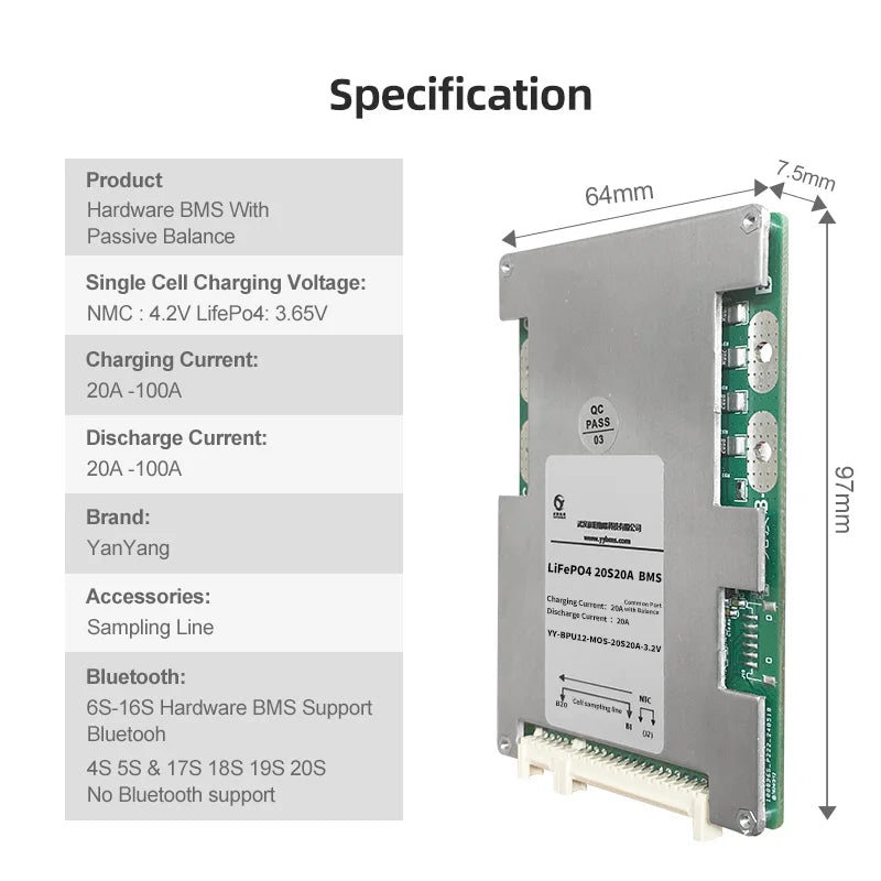 Yanyang Hardware Modular Automotive BMS PCB Board 20S 100A for Tuk-tuks Lifepo4/Ternary Battery Protection Card Aluminum