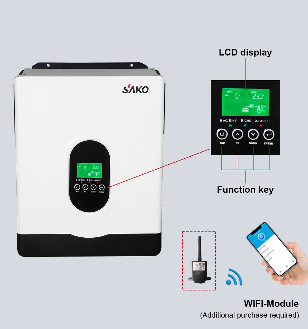 SAKO SAK-Inverter Hybrid Solar Inverter Pure Sine Wave 1kW 2kW 3kW 4kW 6kW 10kW 80A 120A PV 400V DC On/Off Grid Tie Inverter