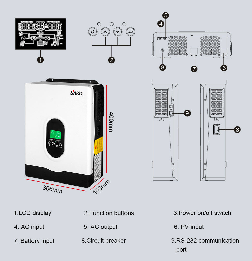 SAKO Hybrid Solar Inverter Pure Sine Wave Controller 1KW 2KW 3KW 4KW 6KW 10KW 80A 120A PV 400V DC On / Off Grid Tie Inverter