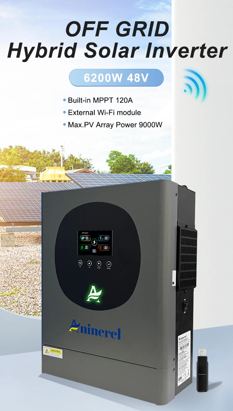 Aninerel 6.2KW 4.2KW 2KW 48V/24V/12V Hybrid Solar Inverter household Pure Sine Wave Inverter MPPT Solar Charge Controller WIFI