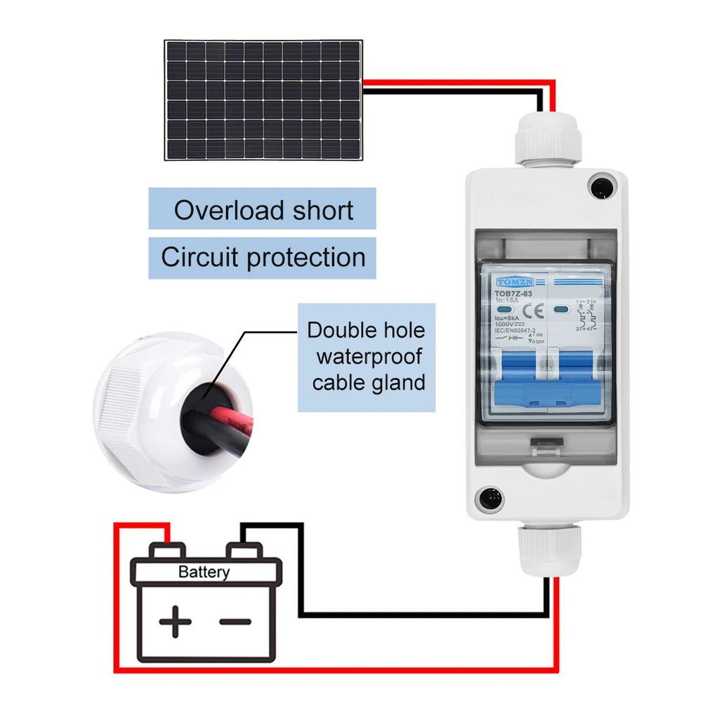 TOMZN Solar Photovoltaic PV Combiner Box with Circuit Breaker HT 2ways 1 in 1 out DC 2P DC 600V 1000V 3-63A Waterproof Box IP65