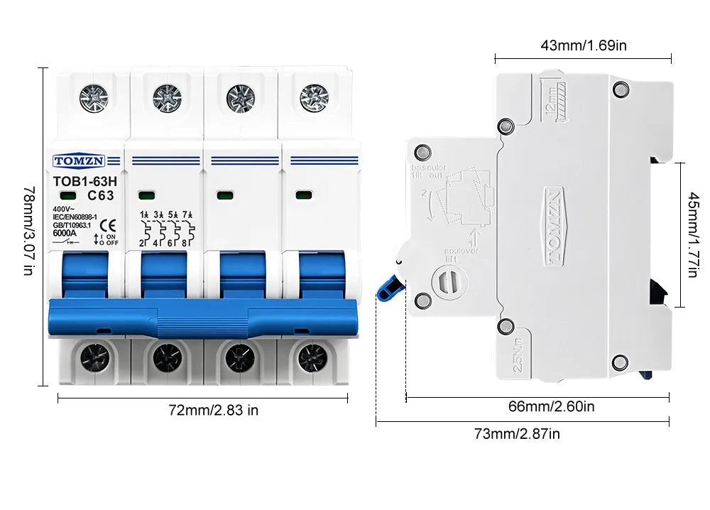 TOMZN TOB1-63H AC MCB Mini Circuit Breaker C Curve 230V 400V 1P 2P 3P 4P 3A 6A 10A 16A 20A 25A 32A 40A 50A 63A 50Hz 60Hz CE