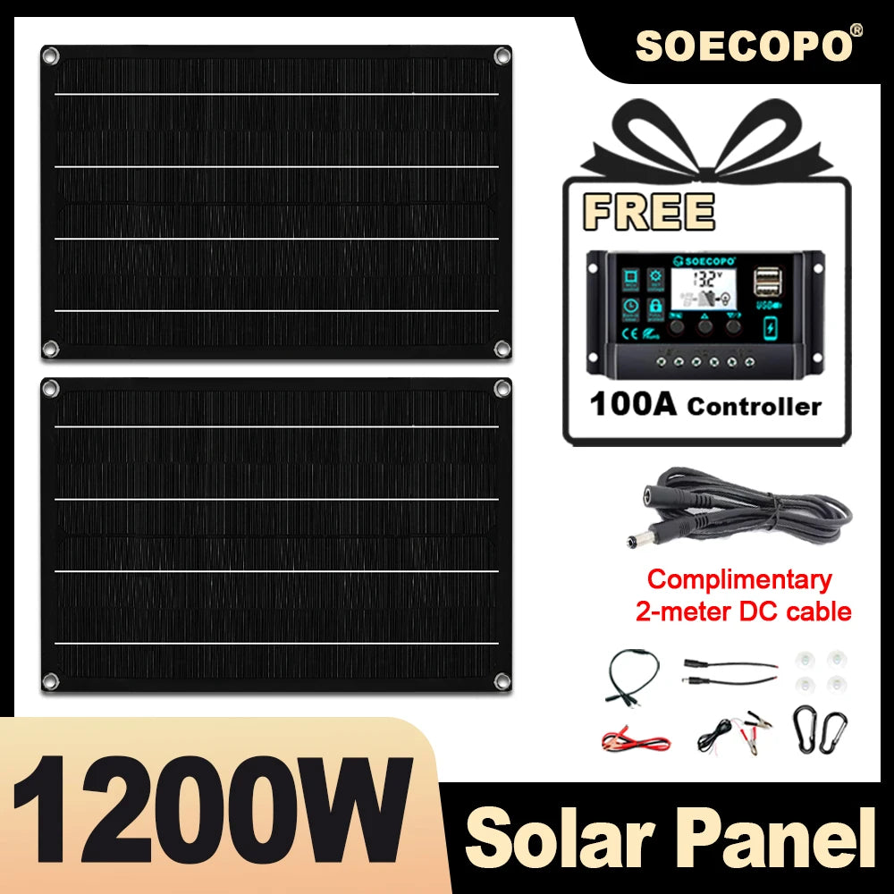 SOECOPO 1200W Solar Panel Set 2 Portable 12V - 18V Photovoltaic Panels Free 100A Controller USB 5V for Camping Devices Charging