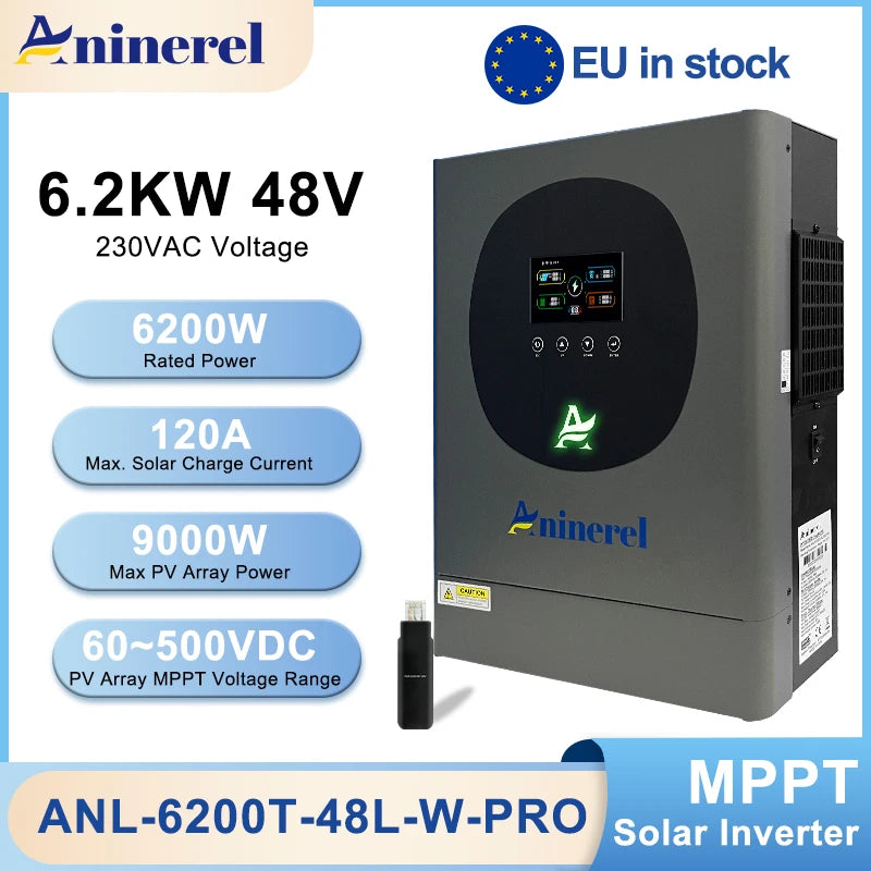 Aninerel 6.2KW 4.2KW 2KW 48V/24V/12V Hybrid Solar Inverter household Pure Sine Wave Inverter MPPT Solar Charge Controller WIFI