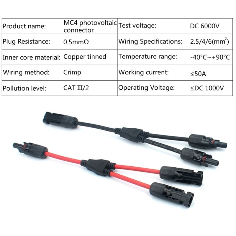 1-Pair 2-to-1 Y Branch Parallel Connection Solar PV Connector 1000V 30A Male Female Cable for Solar Photovoltaic