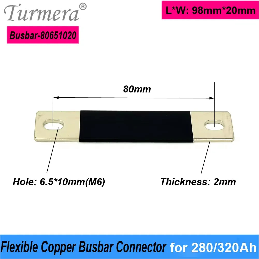 Turmera 12V Busbar Lifepo4 Battery Copper Connecter 50mm 56mm 72mm 80mm 2mm 300A Use in 100Ah 230Ah 280Ah 320Ah Lifepo4 Battery