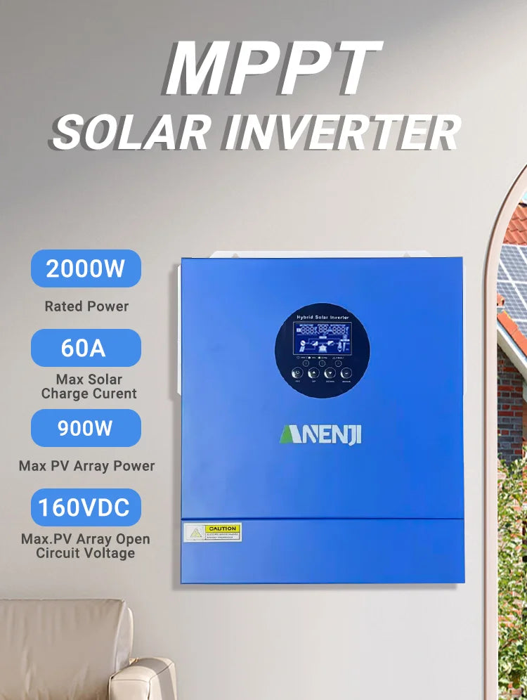 2KW 12V Hybrid Solar Inverter 230VAC Off-Grid Pure Sine Wave MPPT 60A Photovoltaic Inversor PV 30-160VDC Solar Charge Controller