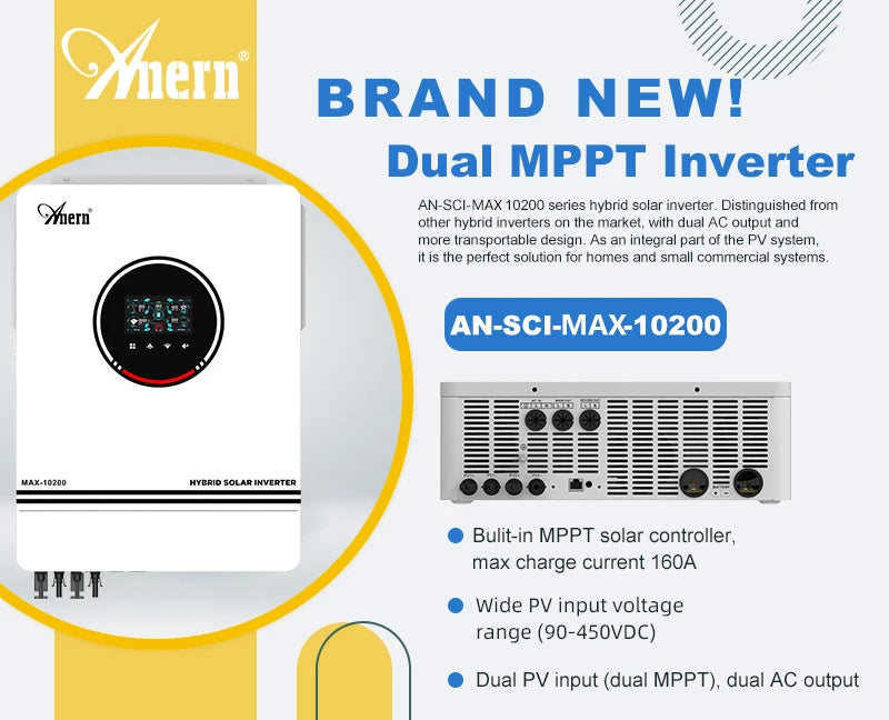 ANERN AN-SCI-MAX Hybrid Solar Inverter 1kW 3kW 4.2kW 6.2kW 10.2kW Built-in MPPT 500VDC PV 230VAC 12V 24V 48V Pure Sine Wave CE RoHS