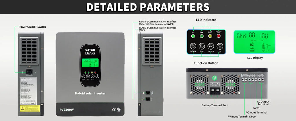 DATOUBOSS Solar Hybrid Inverter 1800W 12V Built in MPPT Charge Controller for Home Use RV Camping Off Grid Power Supply