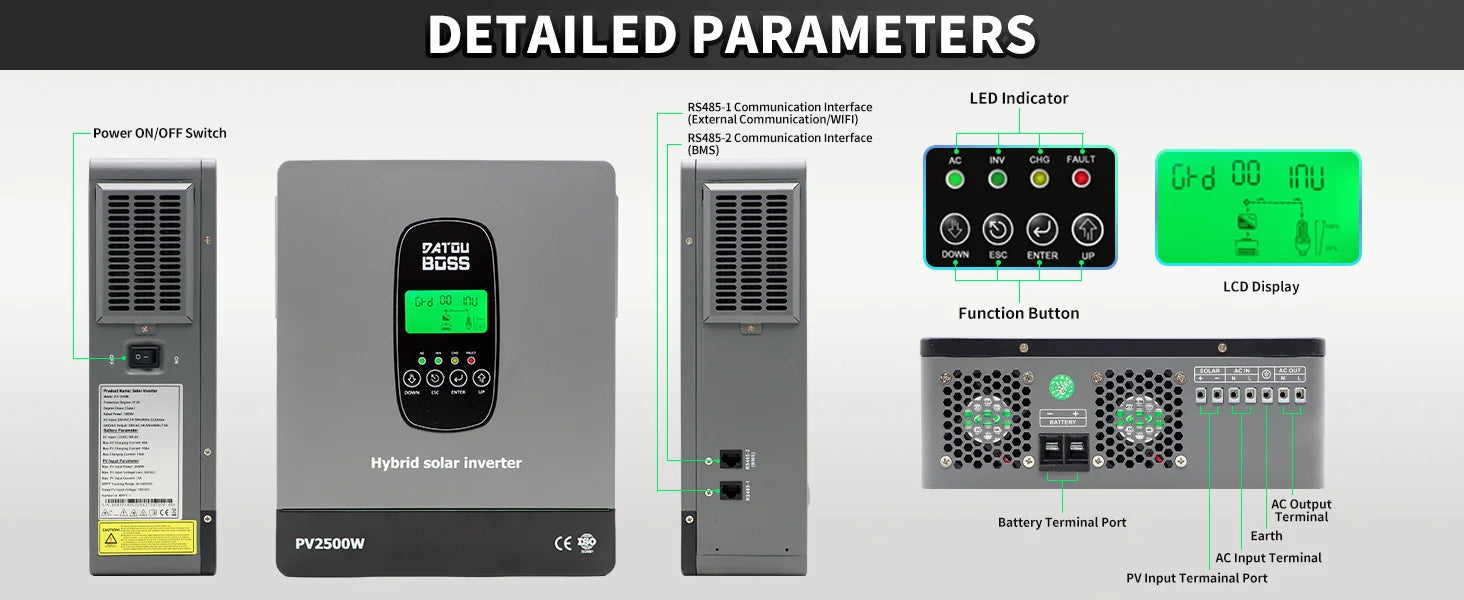 DATOUBOSS Solar Hybrid Inverter 1800W 12V Built in MPPT Charge Controller for Home Use RV Camping Off Grid Power Supply