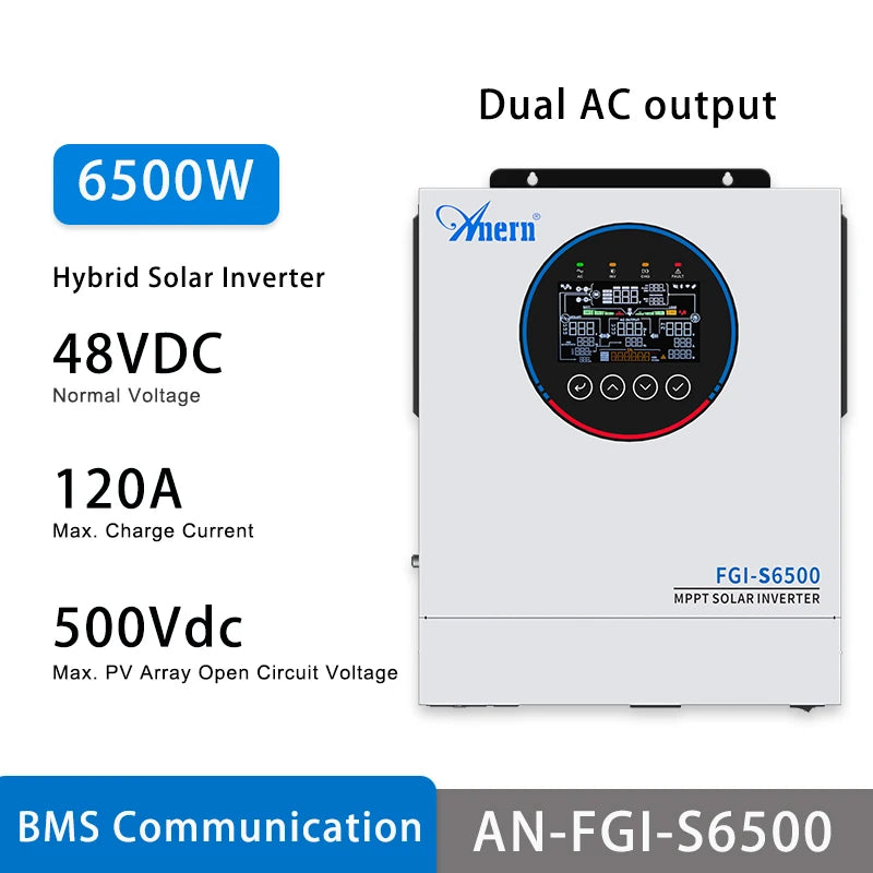 Anern 5KW 6.5KW Hybrid Inverter 24V 48V Dual AC Output MPPT 160A 120A Solar Inverters Max PV 500Vdc For Lithium and Lead-acid