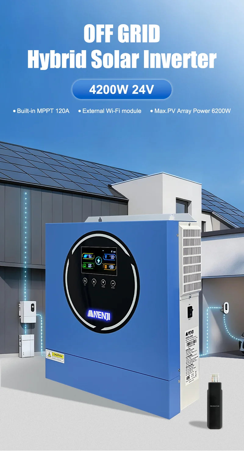 4.2KW 24V Dual Output Hybrid Solar Inverter On-grid/Off-grid Pure Sine Wave 50Hz Built-in Wifi & 100A MPPT For PV 500V BMS RS485