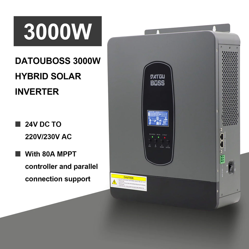 DATOUBOSS Solar Hybrid Inverter 3000W 24v to 220v Pure Sine Converter LCD Display Remote Control MPPT 55-450V DC 50/60Hz Inverte