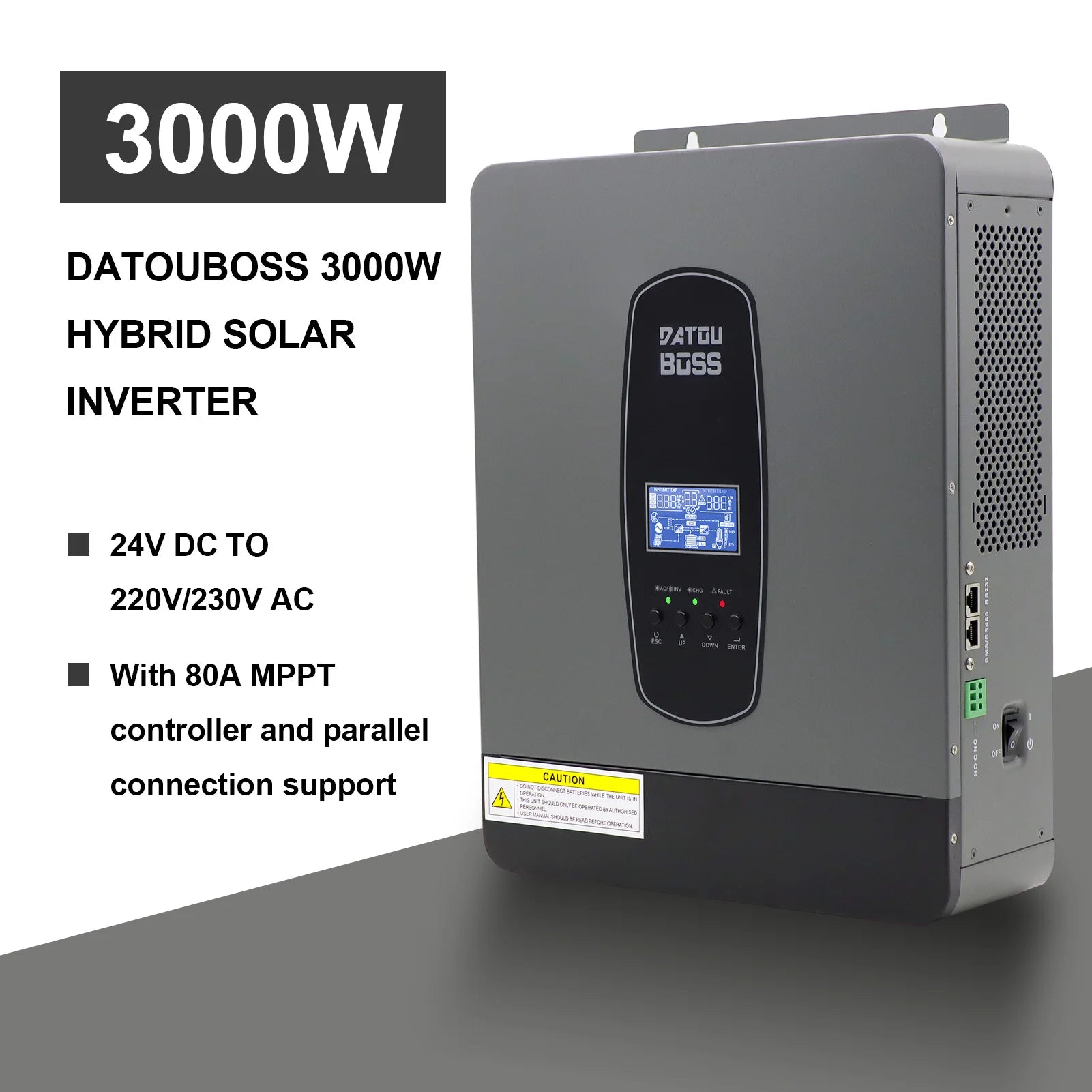DATOUBOSS Solar Hybrid Inverter 3000W 24v to 220v Pure Sine Converter LCD Display Remote Control MPPT 55-450V DC 50/60Hz Inverte
