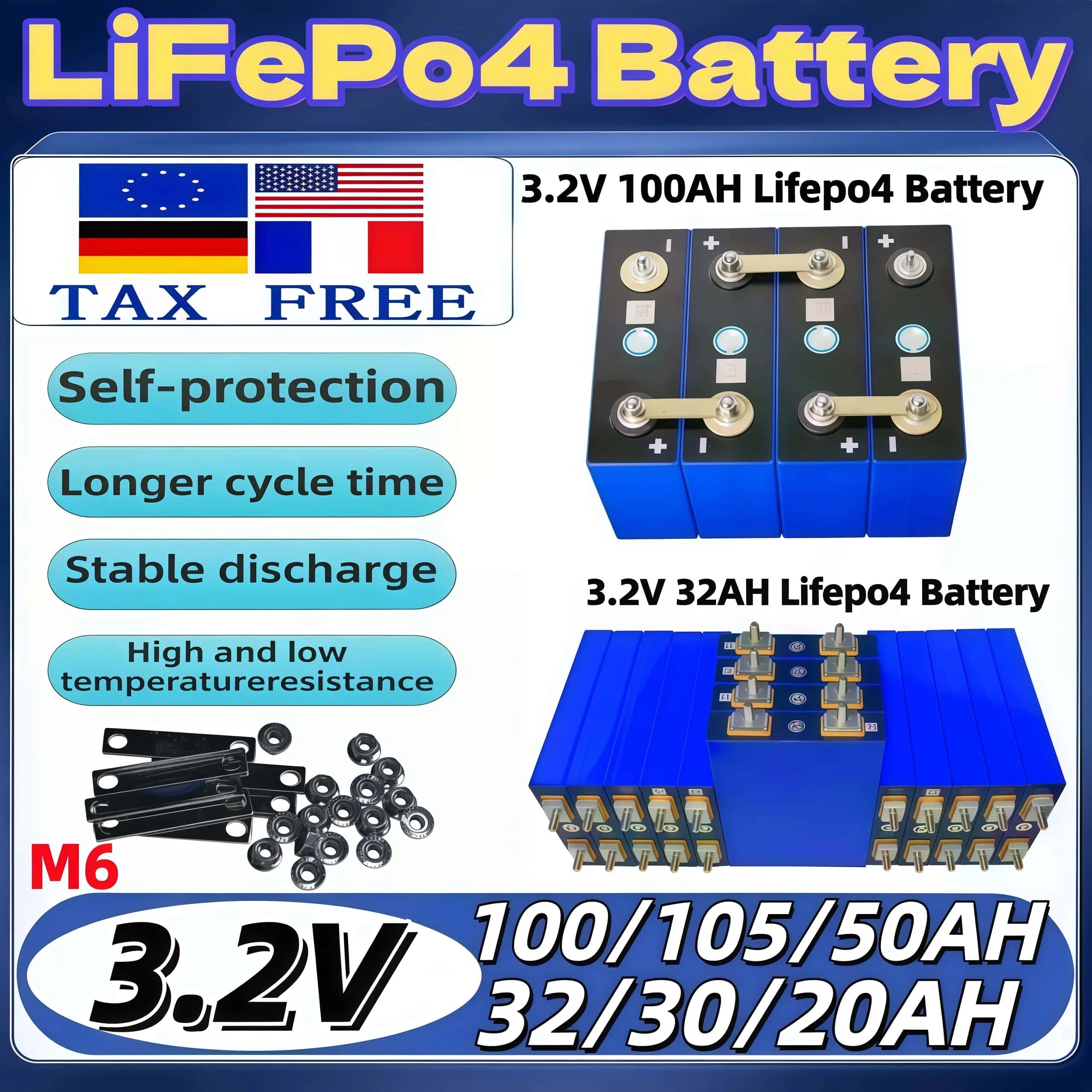 4PCS 3.2V LiFePO4 Battery Set High-Grade 100Ah 105Ah 20Ah 30Ah 50Ah 32Ah for DIY Motorcycle Car Motor Modification 12.8V RV EV