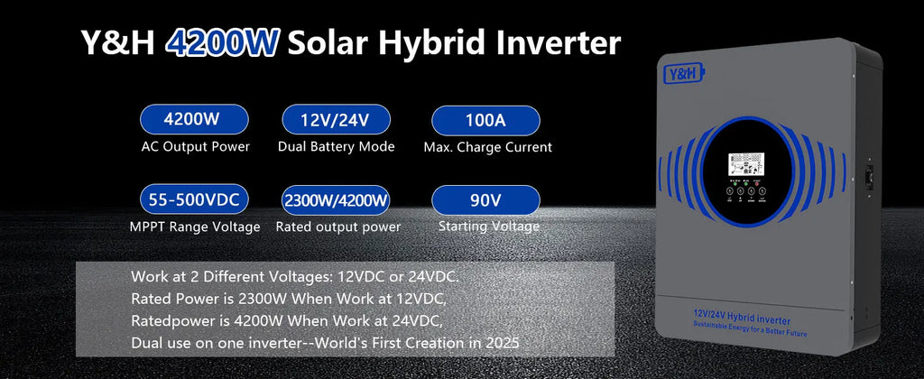 New Y&H 2.3KW 4.2KW Hybrid Solar Inverter 12V 24V to AC220V Off Grid Pure Sine Inverter Dual Output with MPPT 100A Solar Charger PRIME RJ SOLAR PH