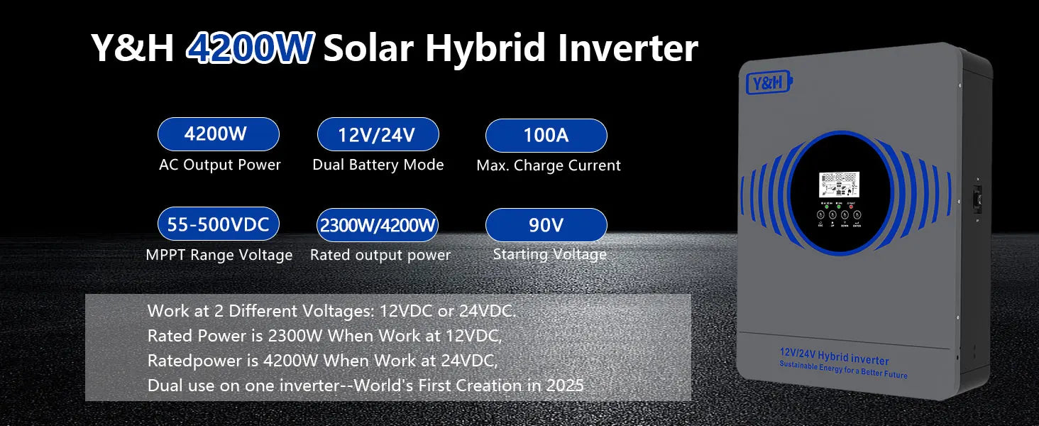 New Y&H 2.3KW 4.2KW Hybrid Solar Inverter 12V 24V to AC220V Off Grid Pure Sine Inverter Dual Output with MPPT 100A Solar Charger PRIME RJ SOLAR PH