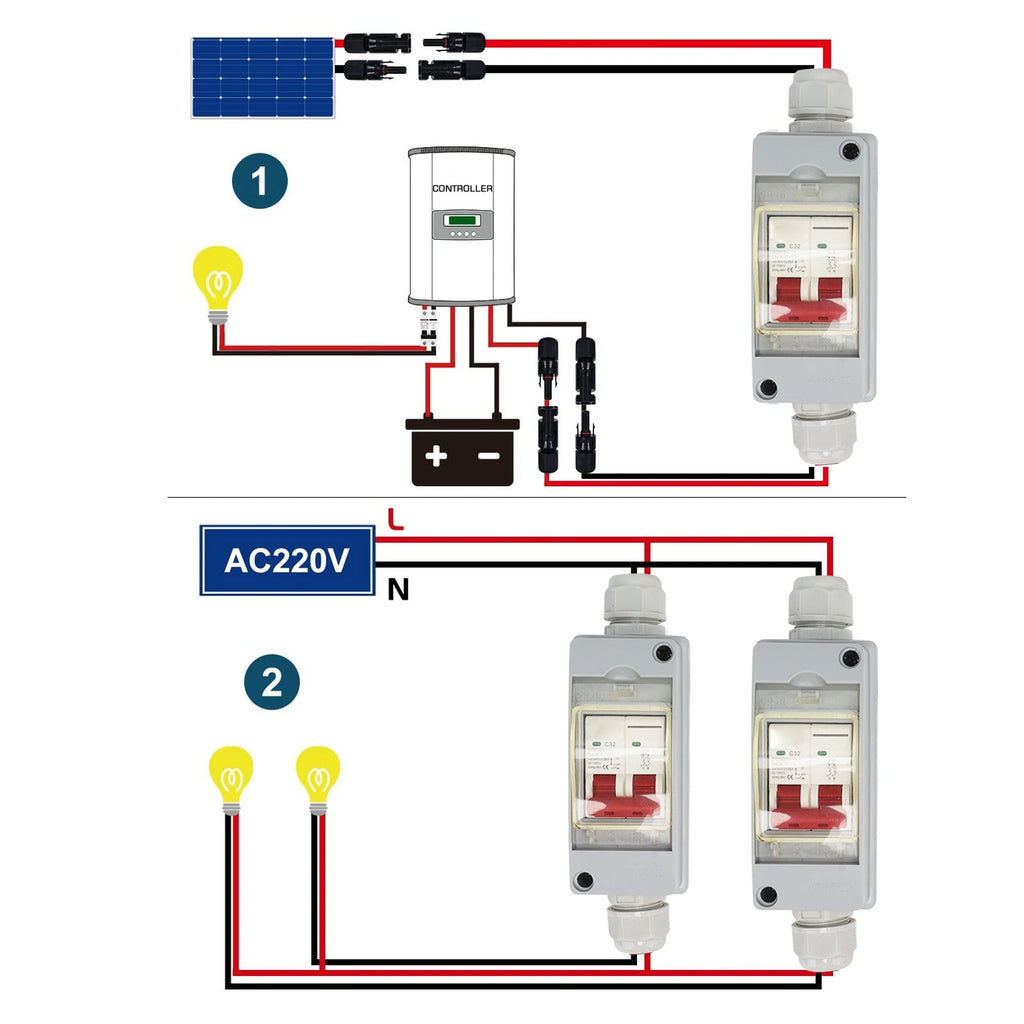 Circuit Breaker Protector Circuit Breaker MCB 2P DC 500V 32A Disconnect Switch with IP65 Waterproof Distribution Box MCB