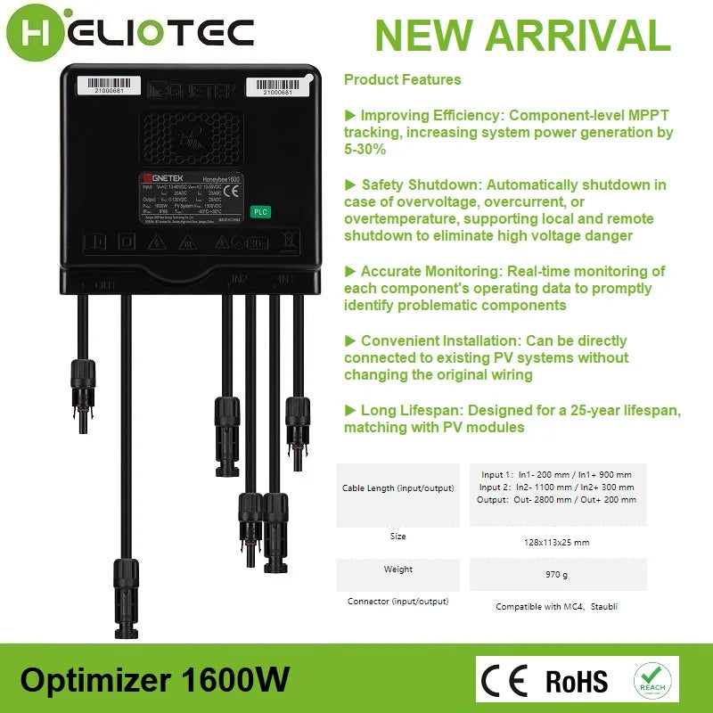 HELIOTEC 850/1600W PV Power Optimizer MPPT 12V-75V Input  Solar Panel Monitoring Voltage-Limiting Anti-Hotspot