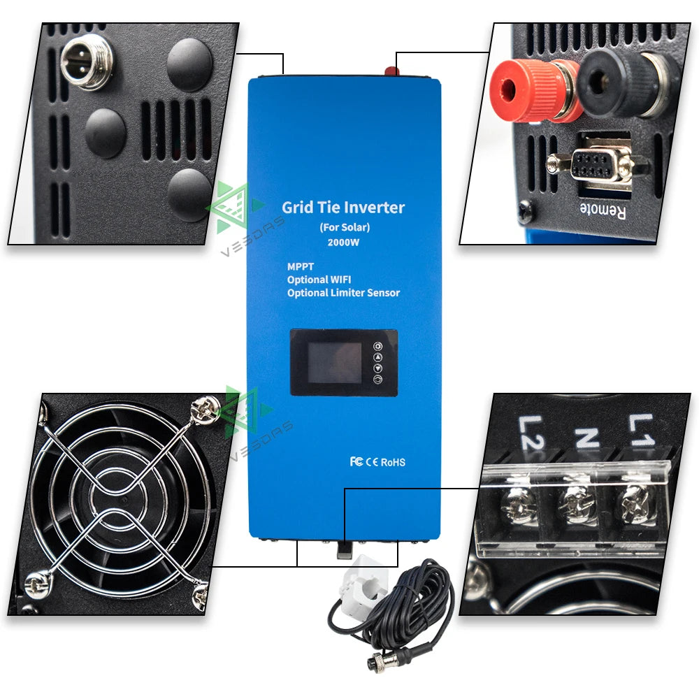 2000W 2-Phase 240V On-Grid Tie Solar Inverter 3M Limiter Sensor MPPT DC 45-90V Microinverter for US CE LVD 1-Year Free Maintenance Lifetime Support