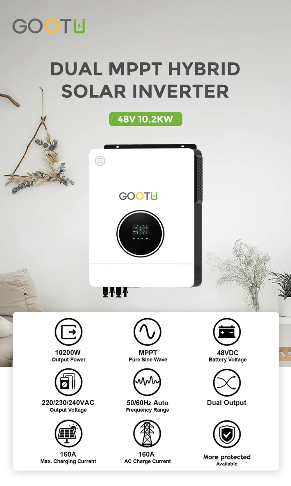 GOOTU 6.2KW/10.2KW Hybrid Solar Inverter Dual Output 24V/48V MPPT 160A Pure Sine Wave On/Off Grid for Home Power Supply