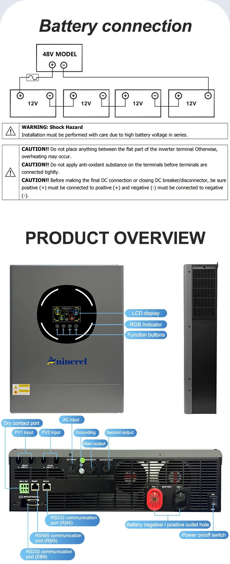 ANINEREL 11kW 6.2kW 48V Hybrid Solar Inverter Dual Output Dual Input Color LCD MPPT 160A 120A PV 500VDC Solar Controller