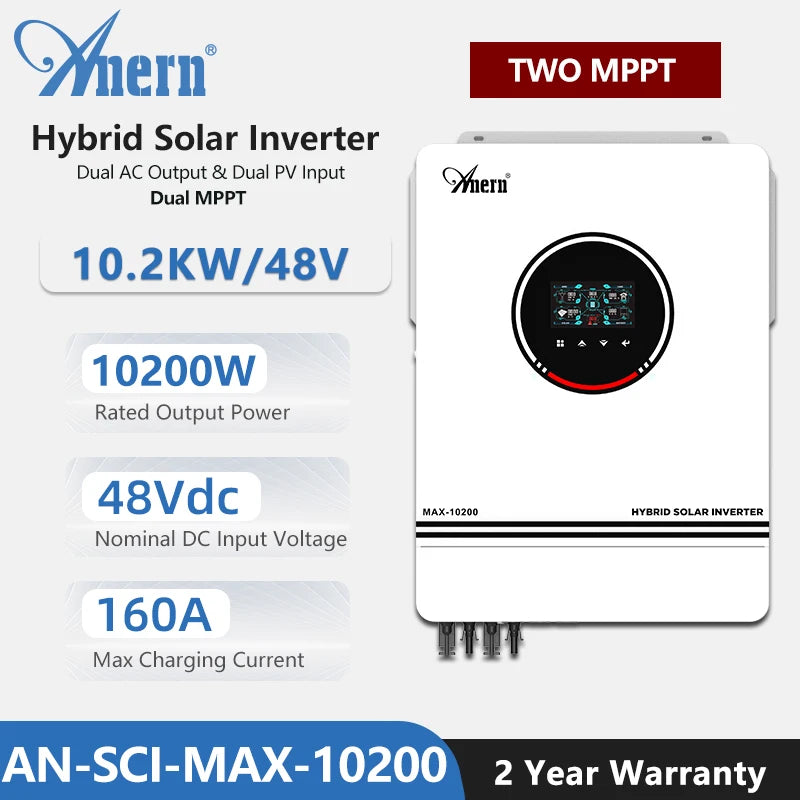 ANERN AN-SCI-MAX Hybrid Solar Inverter 1kW 3kW 4.2kW 6.2kW 10.2kW Built-in MPPT 500VDC PV 230VAC 12V 24V 48V Pure Sine Wave CE RoHS