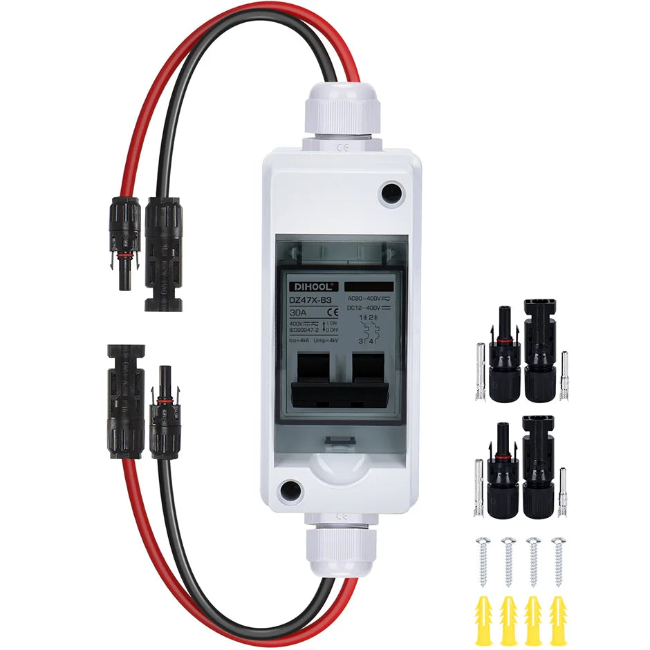 Solar Panel Disconnect Switch 30A /15Amp DC-AC 400V Circuit Breaker With IP65 Distribution Box Short Circuit Overload Protection