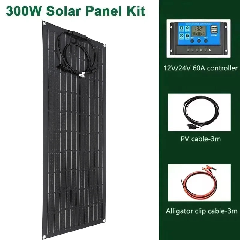 300W 600W Flexible Solar Panel 12V 24V Solar Charge Battery Kit with 30A/60A Contro0ller for Camping RV Home Solar Power Bank
