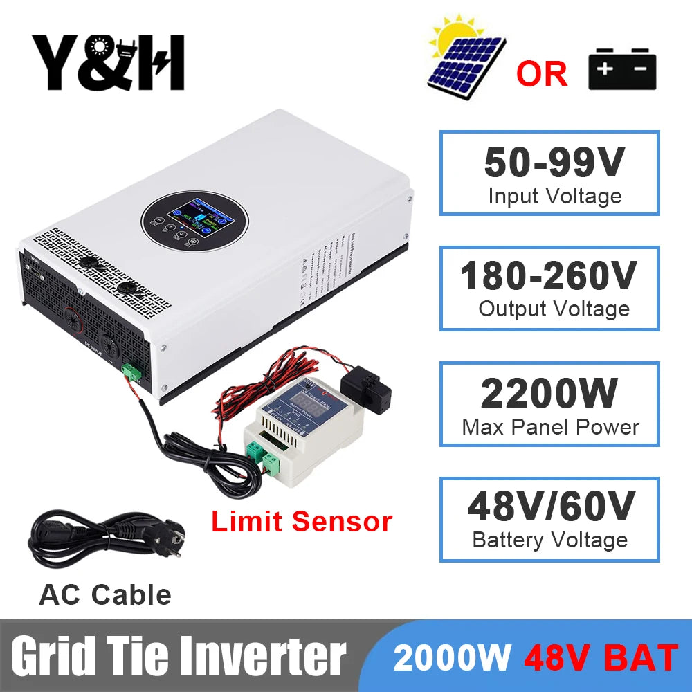 Y&H 2000W 1500W Grid Tie Inverter Input 55-99V/24-55V Output AC230V Pure Sine Wave Battery Discharge Mode Optional Limiter/WiFi