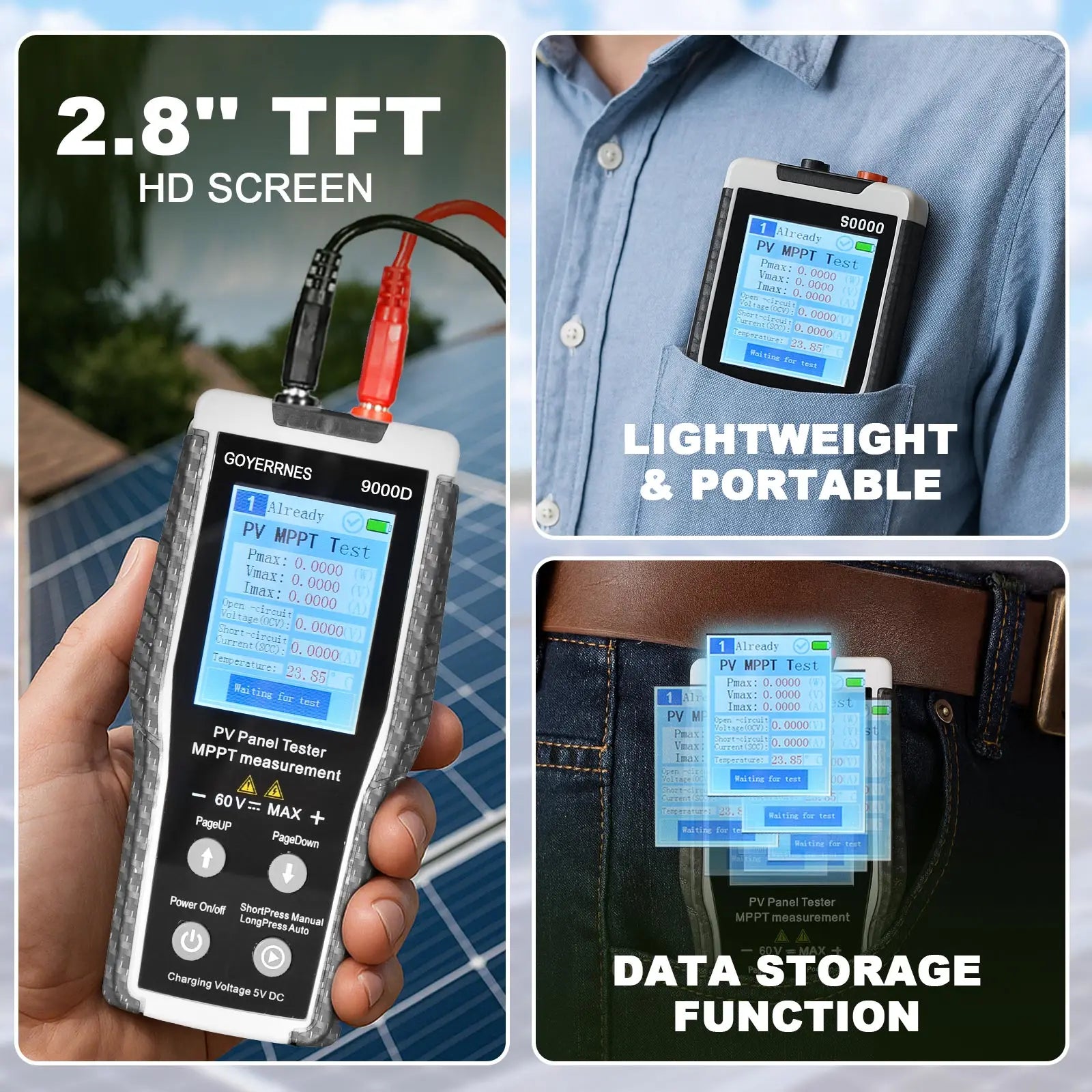 PV Panel Tester MPPT Solar Panel Tester with 2.8-inch TFT Screen,Measures Pmax/Vmax/Imax/Open-Circuit Voltage/Short-Circuit PRIME RJ SOLAR PH