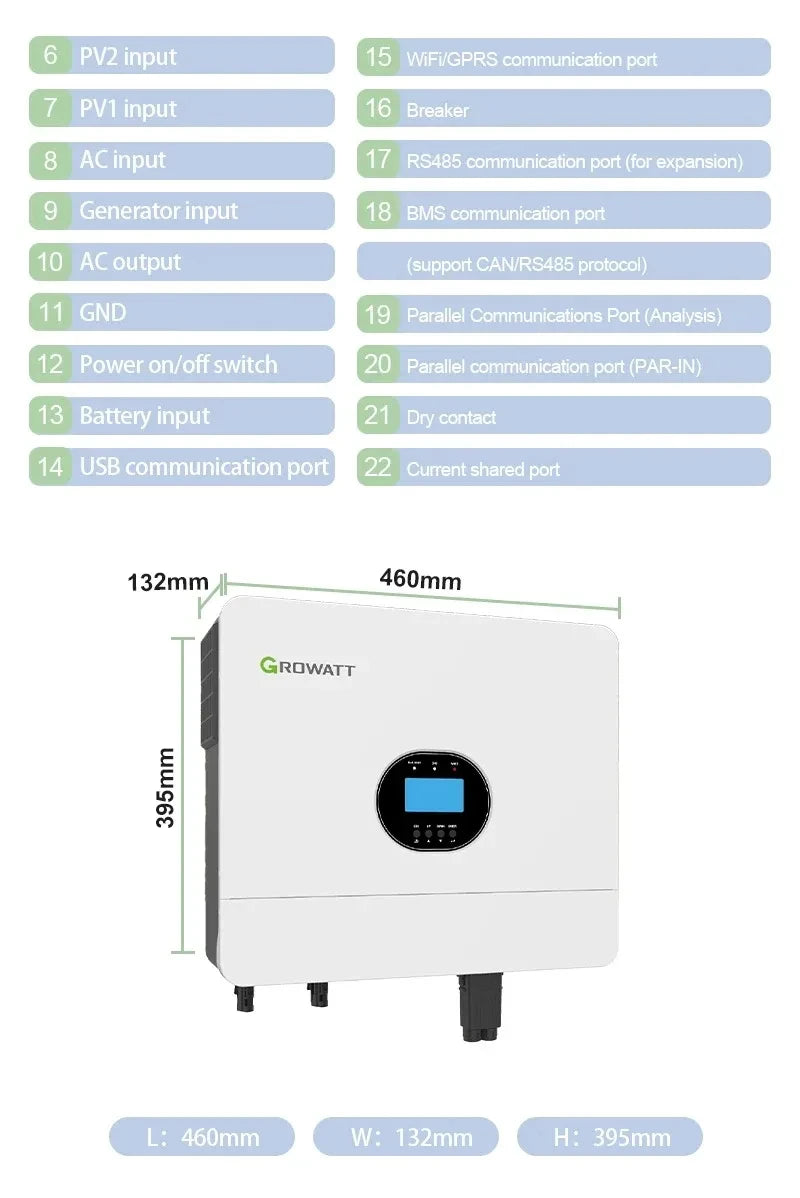 Growatt 6KW Off Grid Inverter Pure Sine Wave With WiFi Single Phase 48V 230V Grid Support Hybrid Inverter SPF 6000 ES Plus