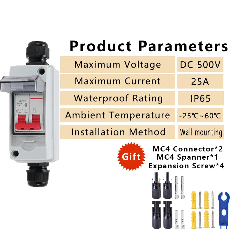 Outdoor IP65 Waterproof Solar PV DC Combiner Box with DC Circuit Breaker, DC500V 32A Load Isolating Switch