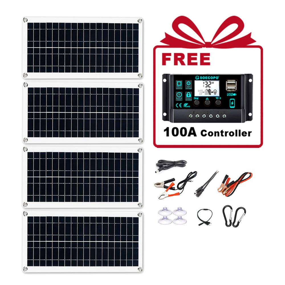 SOECOPO 800W Portable Solar Panel System Kit 4*200W Panels Free 100A Controller USB 5V for Camping Equipment RV Charge Phone